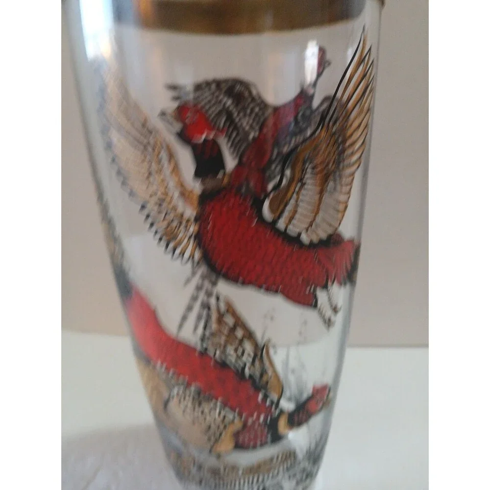 Vintage PHEASANTS HUNTING CLEAR GLASS COCKTAIL SHAKER 1960s Chrome Lid